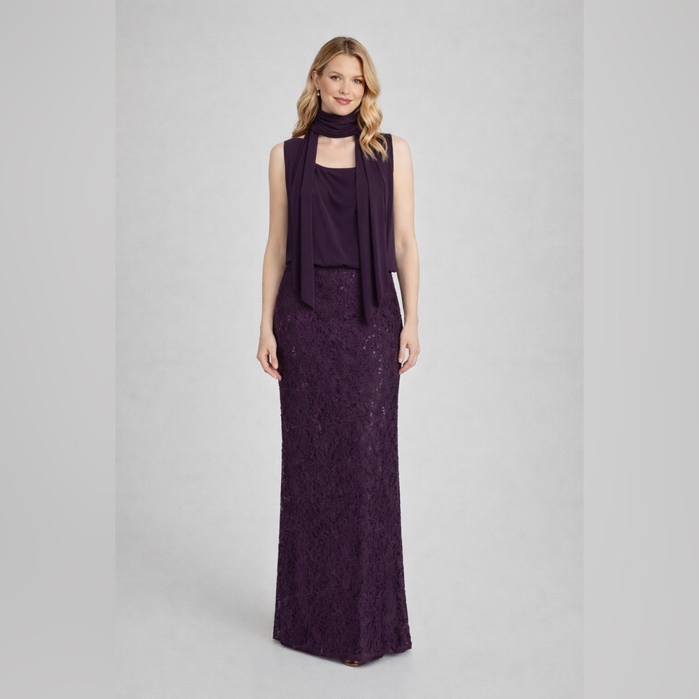 RSVP Plum Lace Evening Gown w/ Draped Scarf – Women's Size Medium